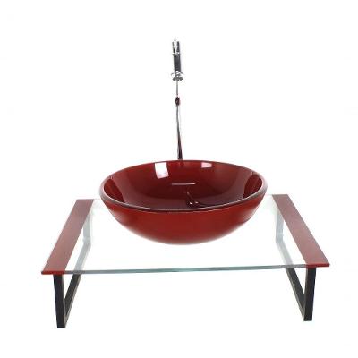 Kit Cuba De Vidro Redonda 10mm Com Tampo 50cm Vermelho Cereja E Suporte Preto