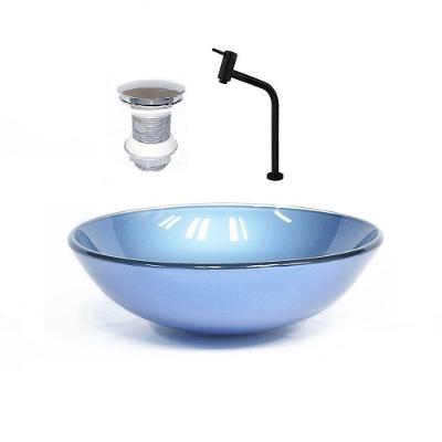 Cuba de Vidro Redonda 31cm Azul + Valvula + Torneira Preta