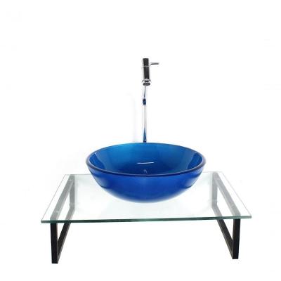 Kit Cuba De Vidro Redonda 10mm Azul Escuro Com Tampo 50cm Incolor E Suporte Preto