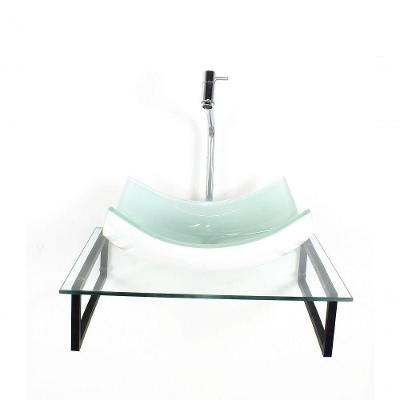 Kit Cuba De Vidro Retangular 10mm Branca Tampo 50cm Incolor Com Suporte Torneira Valvula