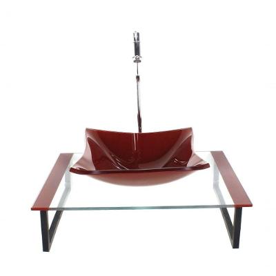 Kit Cuba De Vidro Quadrada 10mm Tampo 50cm Vermelho Cereja Com Suporte Torneira Valvula