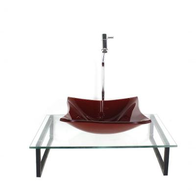 Kit Cuba De Vidro Quadrada 10mm Vermelho Cereja Com Tampo 50cm Incolor E Suporte Preto
