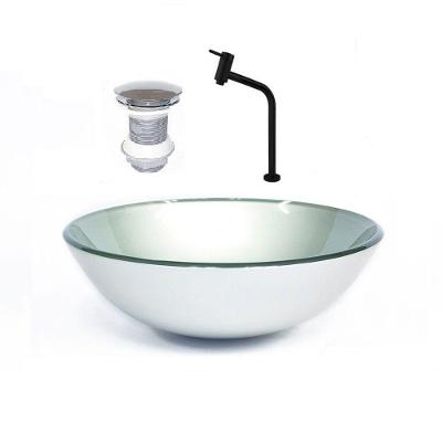 Cuba de Vidro Redonda 31cm Prata + Valvula + Torneira Preta