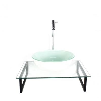 Kit Cuba De Vidro Redonda 10mm Branca Tampo 50cm Incolor Com Suporte Torneira Valvula