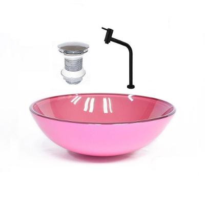 Cuba de Vidro Redonda 31cm Rosa + Valvula + Torneira Preta