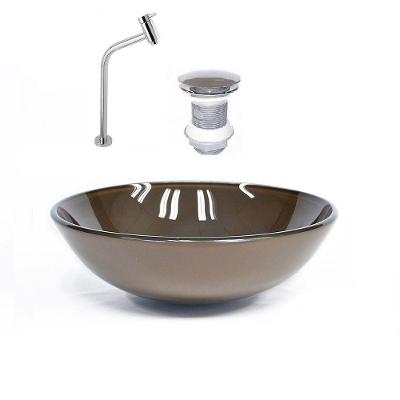 Cuba de Vidro Redonda 42cm Marrom + Valvula + Torneira Cromada