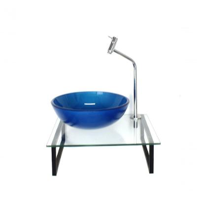 Kit Cuba De Vidro Redonda 10mm Azul Escuro Tampo 40cm Incolor Com Suporte Torneira Valvula