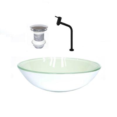 Cuba de Vidro Redonda 35cm Branca + Valvula + Torneira Preta