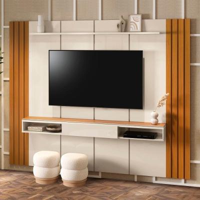 Painel Para Tv Até 75" Ripado 1 Prateleira Marrocos 240cm Cor:offwhite E Cedro Offwhite E Cedro