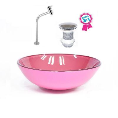 Cuba De Vidro Redonda 31cm Rosa Válvula Click Torneira Metal