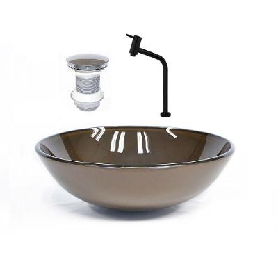Cuba de Vidro Redonda 35cm Marrom + Valvula + Torneira Preta