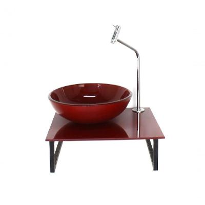 Kit Cuba De Vidro Redonda 10mm Tampo 40cm Vermelho Cereja Full Com Suporte Torneira Valvula