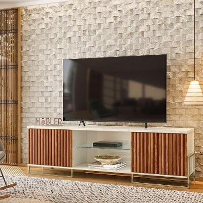 Bancada Rack Ripado 180cm Palestra Prateleira De Vidro Mdp/mdf Mel/off White G44 - Gran Belo