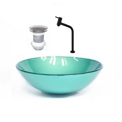 Cuba de Vidro Redonda 35cm Verde + Valvula + Torneira Preta
