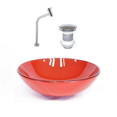 Cuba de Vidro 42cm Vermelho + Valvula + Torneira Cromada