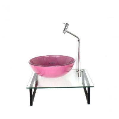 Kit Cuba De Vidro Redonda 10mm Rosa Tampo 40cm Incolor Com Suporte Torneira Valvula