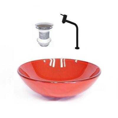 Cuba de Vidro 42cm Vermelho + Valvula + Torneira Preta