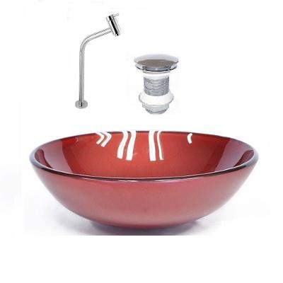 Cuba de Vidro Redonda 42cm Vermelho + Válvula + Torneira Cromada