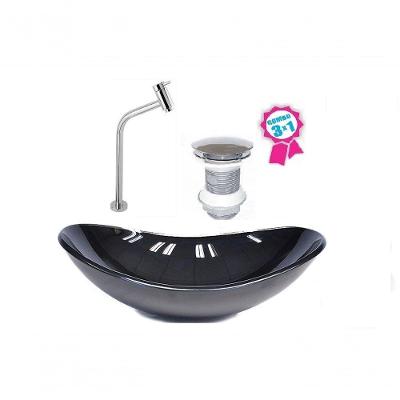 Cuba De Vidro Oval 55cm Preta Válvula Click Torneira Metal