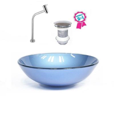 Cuba De Vidro Redonda 35cm Azul Válvula Click Torneira Metal