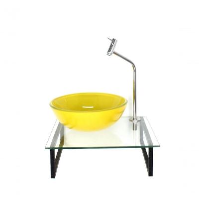 Kit Cuba De Vidro Redonda 10mm Amarelo Tampo 40cm Incolor Com Suporte Torneira Valvula