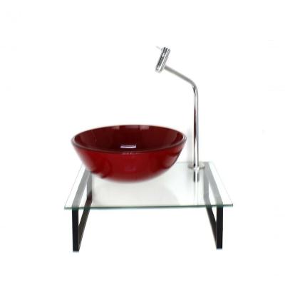Kit Cuba De Vidro Redonda 10mm Vermelho Ferrari Tampo 40cm Incolor Com Suporte Torneira Valvula