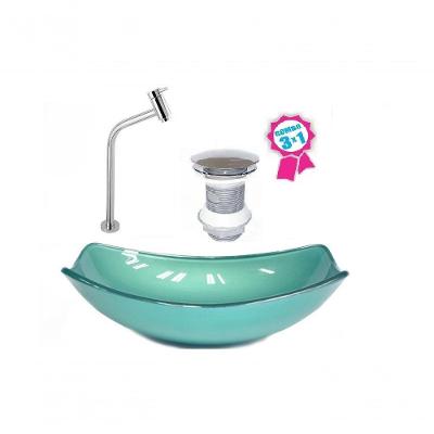 Cuba De Vidro Oval Chanfrada 46cm Verde + Válvula + Torneira