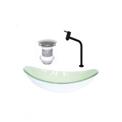 Cuba de Vidro Oval 55cm Branca + Valvula + Torneira Preta