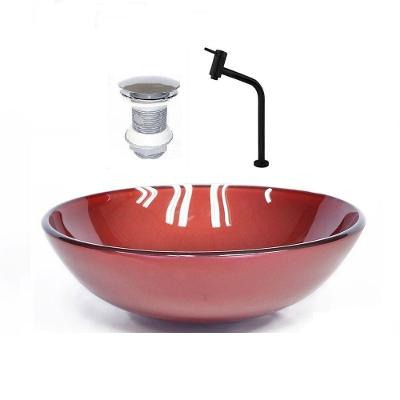 Cuba de Vidro Redonda 42cm Vermelho + Valvula + Torneira Preta