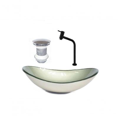 Cuba de Vidro Oval 55cm Champanhe + Valvula + Torneira Preta