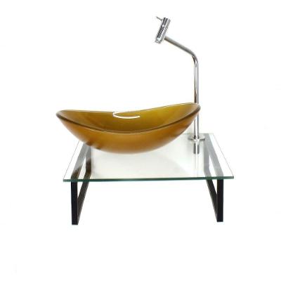 Kit Cuba De Vidro Oval 10mm Dourado Real Tampo 40cm Incolor Com Suporte Torneira Valvula