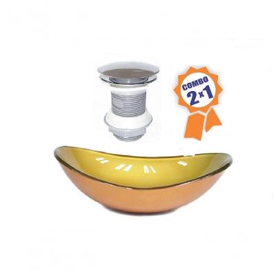 Cuba De Vidro Oval 47cm Dourado Real + Válvula Click