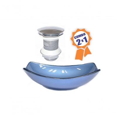 Cuba De Vidro Oval Chanfrada 51cm Azul + Válvula Click