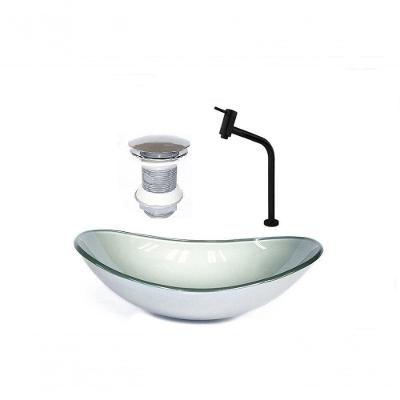 Cuba de Vidro Oval 55cm Prata + Valvula + Torneira Preta