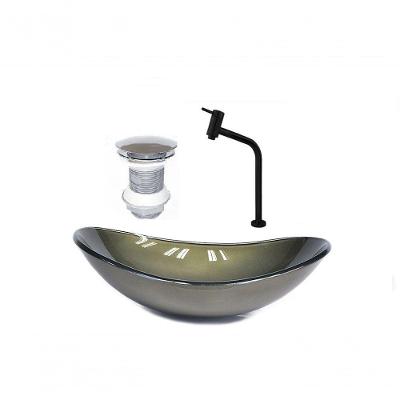 Cuba de Vidro Oval 55cm Ouro + Valvula + Torneira Preta