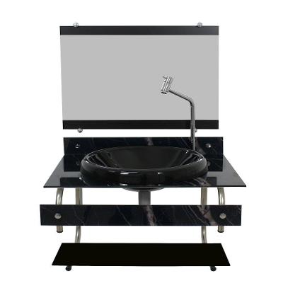 Gabinete com Cuba de Vidro 60cm Mármore Preto Com Torneira