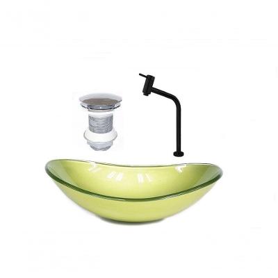 Cuba de Vidro Oval 55cm Verde + Valvula + Torneira Preta