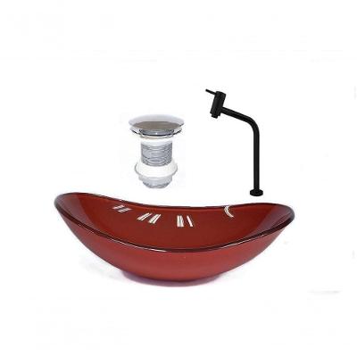 Cuba de Vidro Oval 55cm Vermelho + Valvula + Torneira Preta