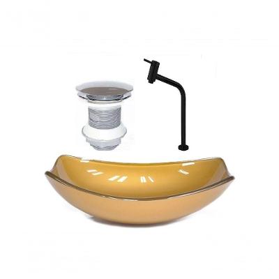Cuba de Vidro Oval 51cm Dourado Real + Valvula + Torneira Preta