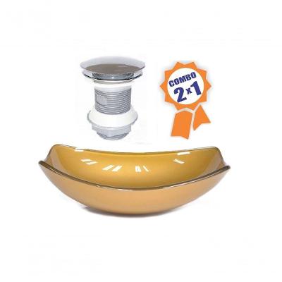 Cuba De Vidro Oval Chanfrada 51cm Dourado Real Válvula Click