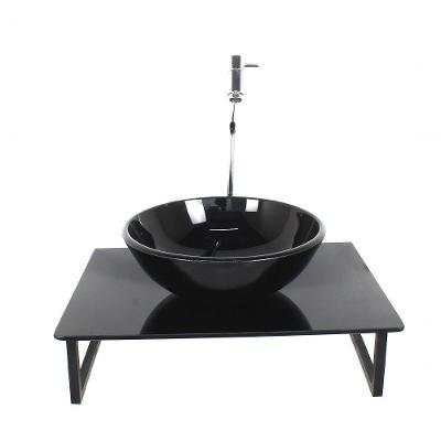 Kit Cuba De Vidro Redonda 10mm Tampo 50cm Preto Full Com Suporte Torneira Valvula