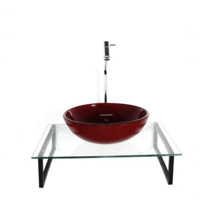 Kit Cuba De Vidro Redonda 10mm Vermelho Cereja Tampo 50cm Incolor Com Suporte Torneira Valvula