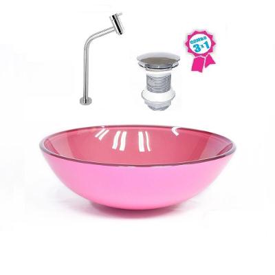 Cuba De Vidro Redonda 35cm Rosa Válvula Click Torneira Metal