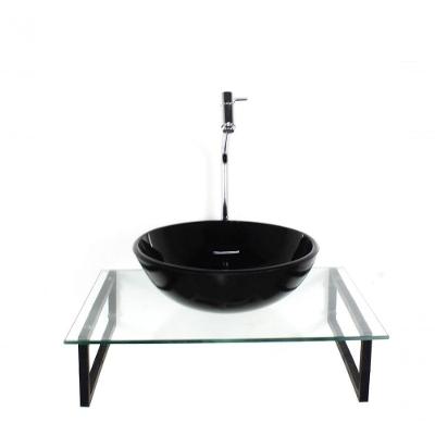 Kit Cuba De Vidro Redonda 10mm Preta Tampo 50cm Incolor Com Suporte Torneira Valvula