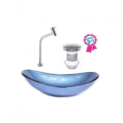 Cuba De Vidro Oval 55cm Azul Válvula Click Torneira Metal