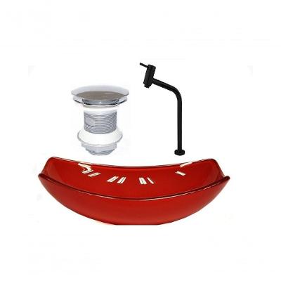 Cuba de Vidro Oval 51cm Vermelho + Valvula + Torneira Preta