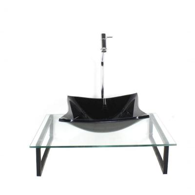 Kit Cuba De Vidro Quadrada 10mm Preta Tampo 50cm Incolor Com Suporte Torneira Valvula