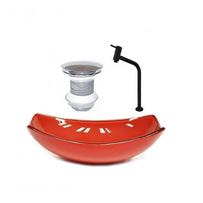 Cuba de Vidro Oval 51cm Vermelho + Valvula + Torneira Preta