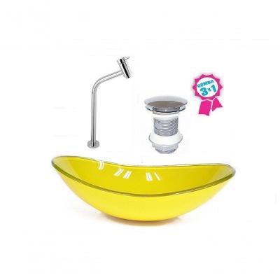 Cuba De Vidro Oval 55cm Amarela Válvula Click Torneira Metal