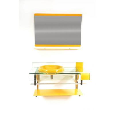 Gabinete Vidro 90cm Curvado Duplo Inox Cuba Chapéu Amarelo